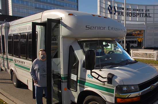 Mini Bus delivers patient to Hines VA Hospital.